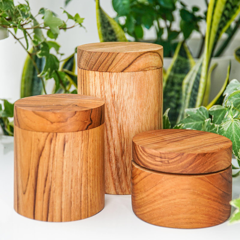 Wood Canister - Set of 2, 4.9" H x 3.14" W x 3.14" D