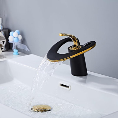 Black & Gold Swan Waterfall Vessel Sink Faucet – Single-Handle Brass Bathroom Faucet