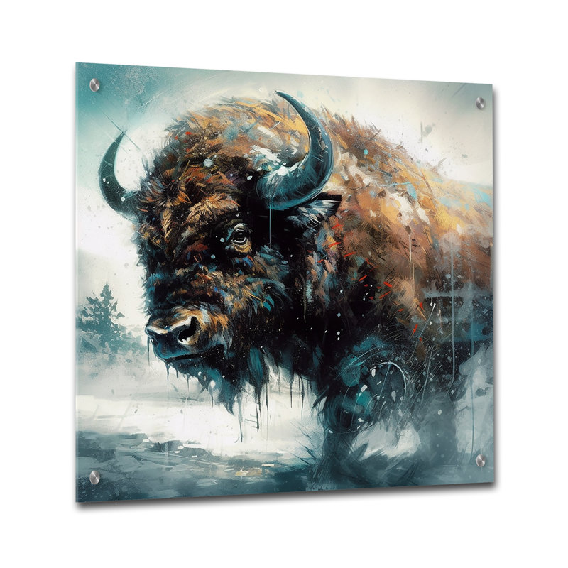Portrait de bison dans la nature II - Buffalo, verre d'art mural en acrylique, H 16 po x l 16 po