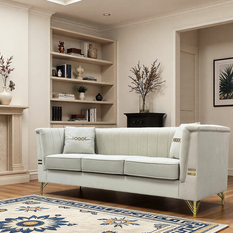 Canapé moderne en velours beige avec 2 coussins modernes, 82,67 pouces, dossier vertical et support, mousse haute, accoudoirs évasés, sièges de style Mid-Century, look luxueux