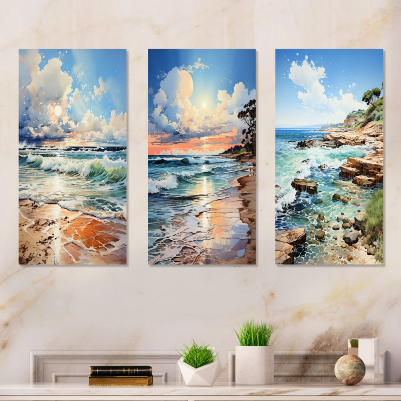 «Coastal Tranquility Horizon», ensemble d'art mural en métal océan de 3, H 28 po x l 36 po