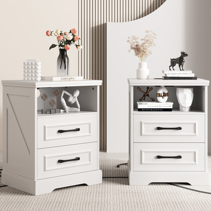 Farmhouse 2-Drawer Nightstand with Charging Station and Open Storage Shelf, 17.7" W, White, Set of 2