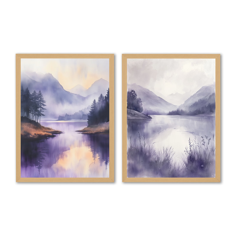 Loch Beyond the Mist I - Ensemble de 2 impressions sur toile encadrées lavande, 32" H x 48" W, Natural Picture Framed