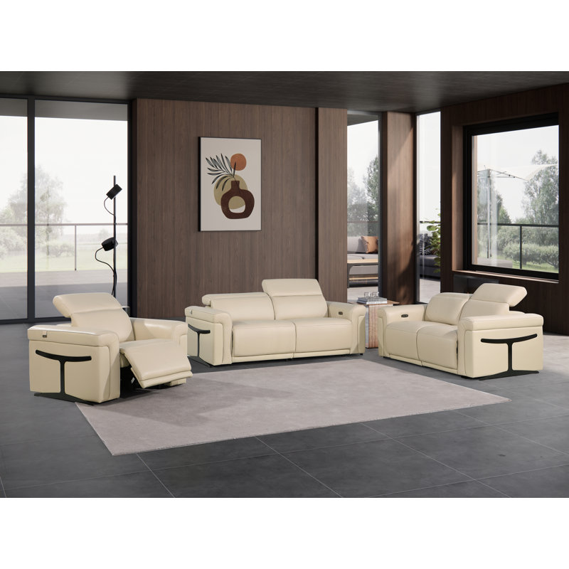 Doniece 3 - Piece Top Grain Italian Leather Reclining Living Room Set, Beige Genuine Leather