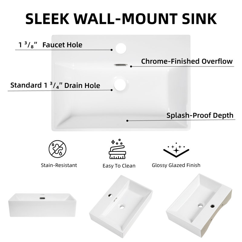 Évier flottant à fixation murale à 3 trous Los Flexi, céramique blanche avec trop-plein, H 5,12 po x L 20,08 po x l 14,17 po