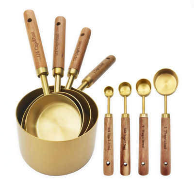 Ensemble de 8 tasses à mesurer et cuillères en acier inoxydable plaqué or avec marquages gravés, outils en bois d'acacia pour mesurer la cuisson
