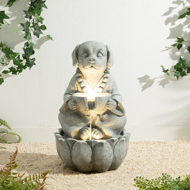 21.75"H 2-Tiered Zen-Style Concrete Dog Polyresin Outdoor Fountain With Pump And LED Light (KD)