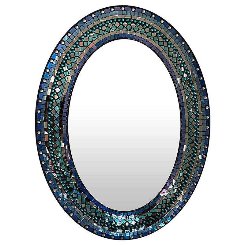 Miroir mural ovale fabriqué à la main en mosaïque, Bleu arc-en-ciel