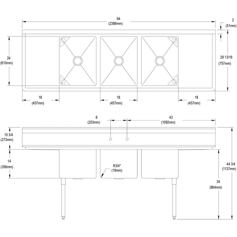 Évier de service autoportant L 94 po x l 29,81 po Dependabilt