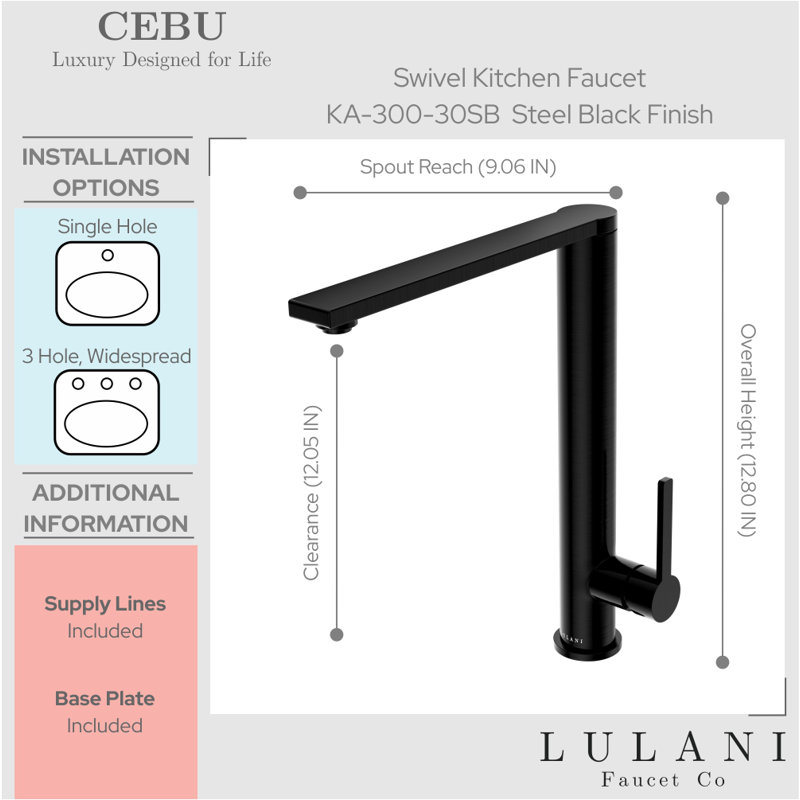 Lulani Cebu Swivel Single Handle Kitchen Faucet, Steel Black