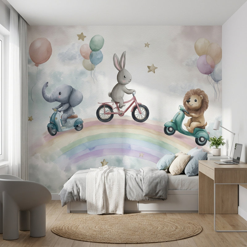 Papier peint animaux fantaisistes, arc-en-ciel, ballons, Texturé non collé, 100 po x 96 po