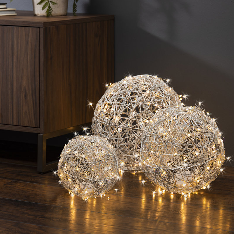 Set Of 3 White Modern Organic Vine Balls, Battery Operated Led