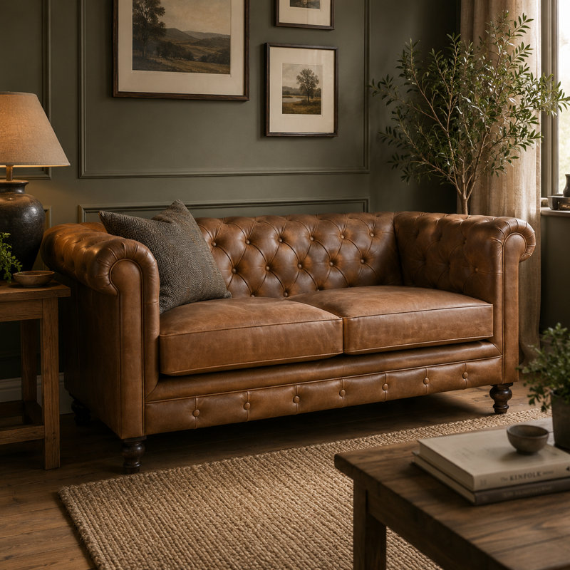 Canapé Chesterfield à accoudoirs roulés en cuir véritable 59,0551 po Rosito