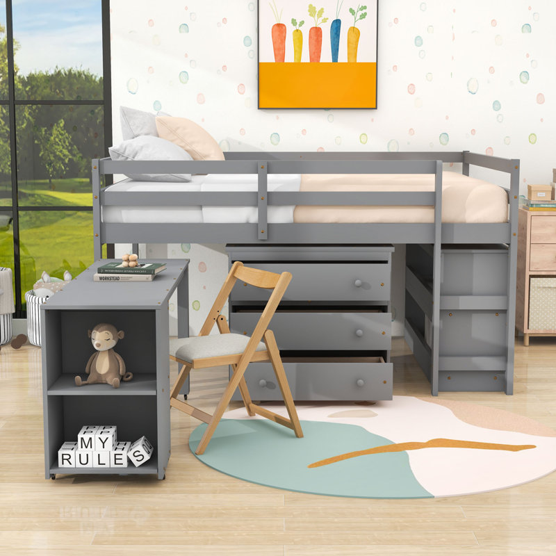 Lit mezzanine 3 tiroirs avec bureau mobile et tablettes, gris, Double