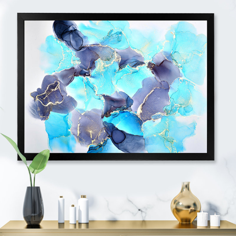 Turquoise de luxe abstrait fluide III - peinture sur toile, H 24 po x l 32 po x P 1 po, Cadre noir