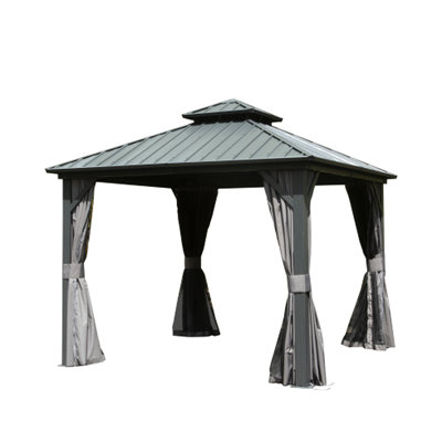Pavillon de jardin 8 pi x 8 pi avec design classique et moderne, pour patio, cour arrière, terrasse, auvent en acier galvanisé gris, au vent