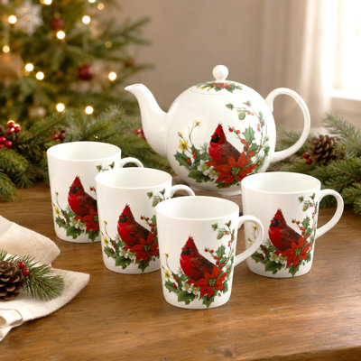 Service à thé 5 pièces en porcelaine fine, motif cardinal et poinsettia