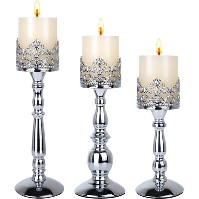 Vintage Iron Candle Holders Set Of 3 - Decorative Gothic Crown Design For Pillar Candles, Elegant Table Centerpiece For Home, Wedding, And Holiday Decor