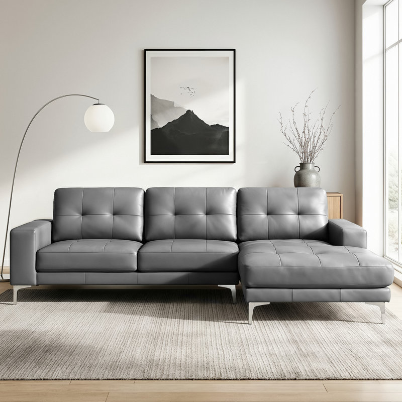 Coamhan 104" Genuine Leather Square Arm Sectional Sofa with Right Chaise, Orange Genuine Leather, Right-Hand Facing