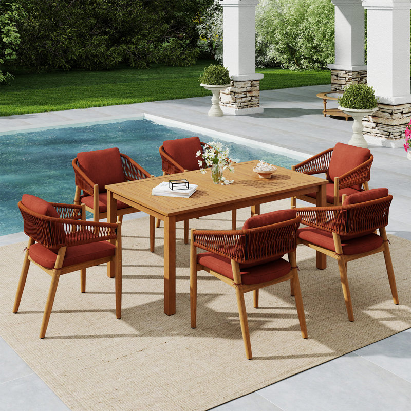 Ensemble repas 7 pièces en bois massif avec trou pour parasol, Rouge