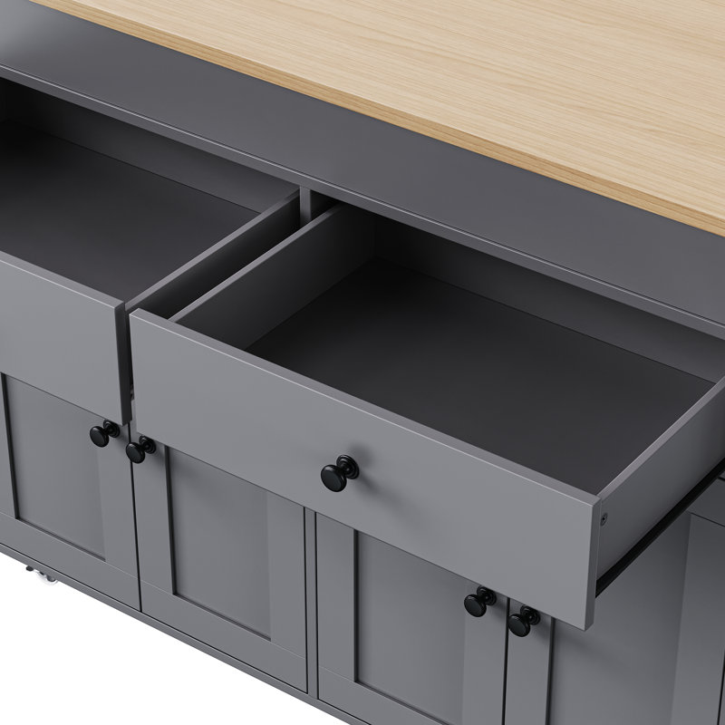 74.5"Kitchen Island with Extendable Dining Table, Spice Rack and Storage, Gray