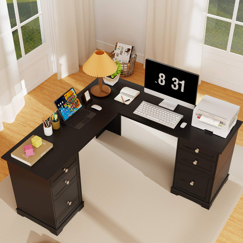 60" Farmhouse L Shaped Executive Desk with Drawers,Wood Home Office Corner Desk 