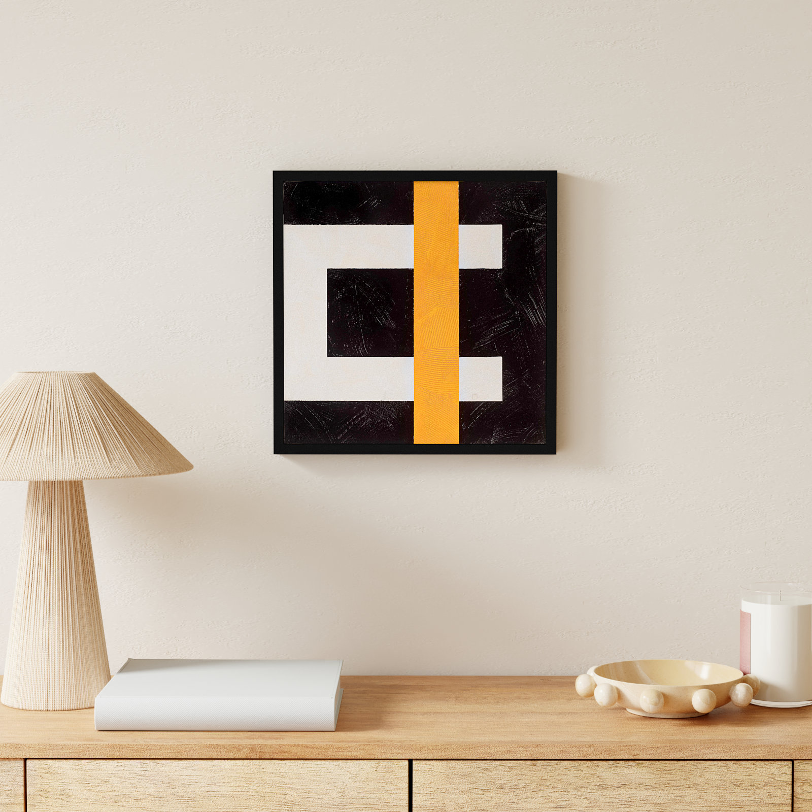 Composition With Yellow 3 by Robert Kamnatnik, Black Framed Paper, 16" H x 16" W x 1.25" D