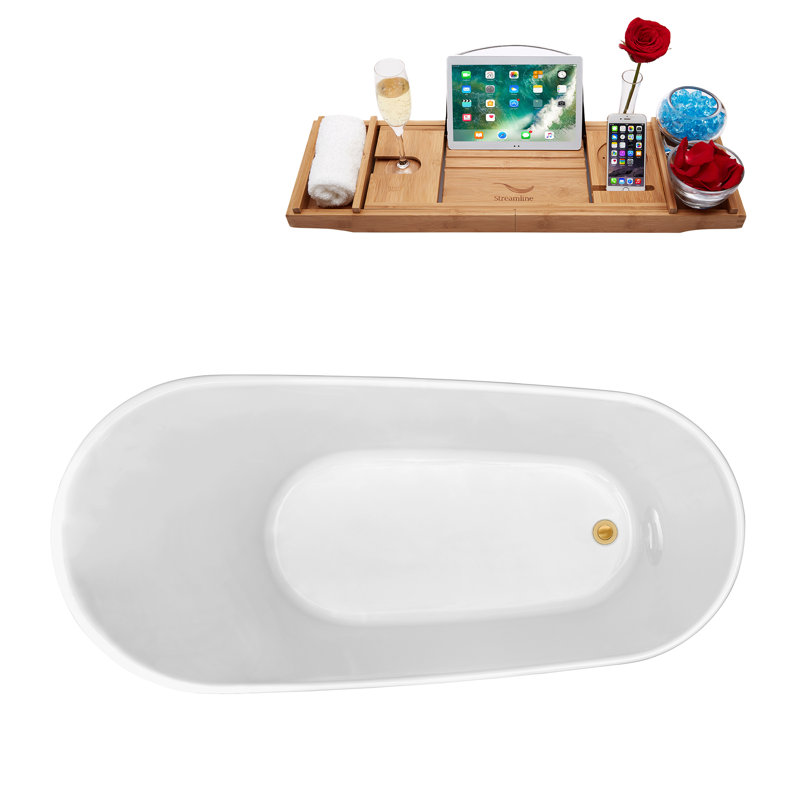 63" Streamline Freestanding Soaking Acrylic Bathtub With Drain and Bamboo Tray, Polished Gold