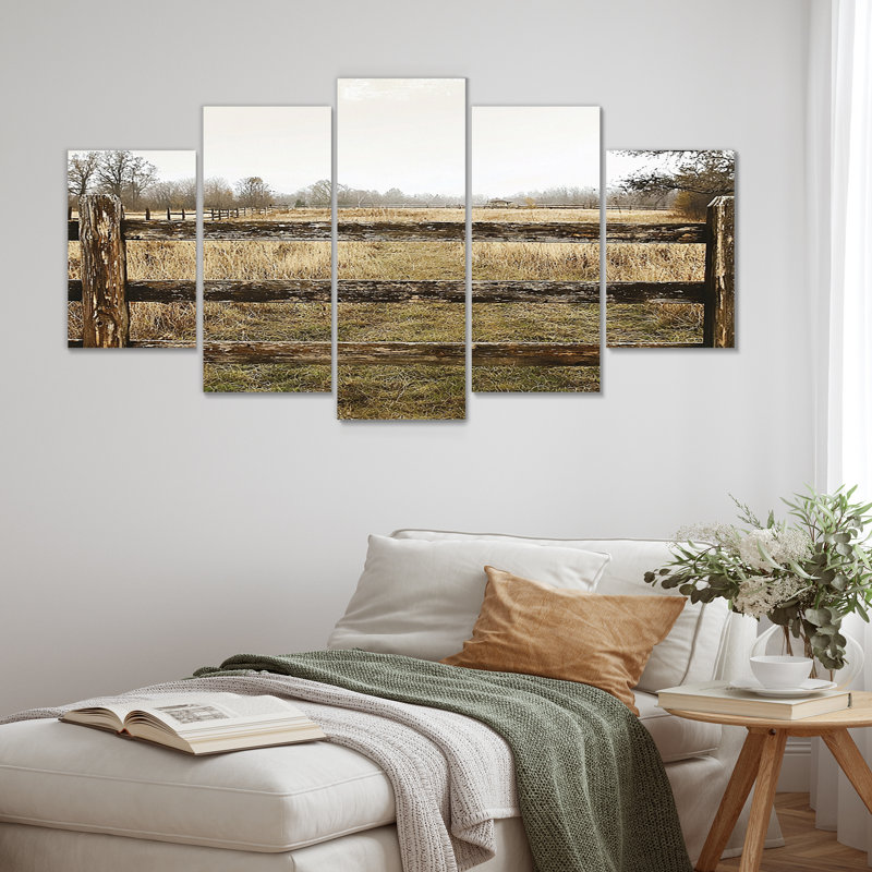 «Gray and Brown Farm Landscape Rustic Fence II», ensemble d'art mural sur toile