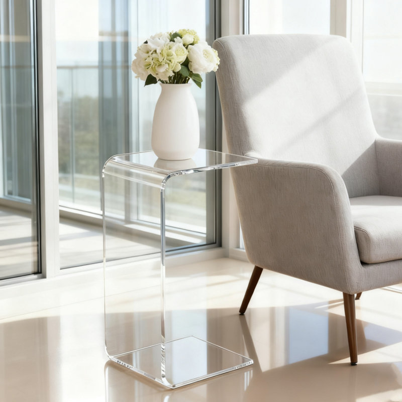 Table d'appoint en forme de C en acrylique transparent de 25,59 po et 0,47 po d'épaisseur, table de bout en cascade moderne, table en acrylique polyvalente sans assemblage pour le salon, la chambre à coucher, la salle de bain et le bureau