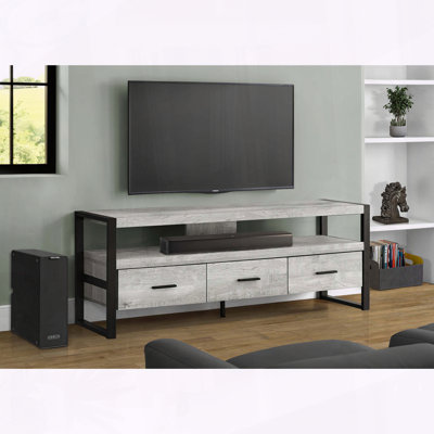 Rustic Grey TV Stand with Black Metal Frame and Three Drawers