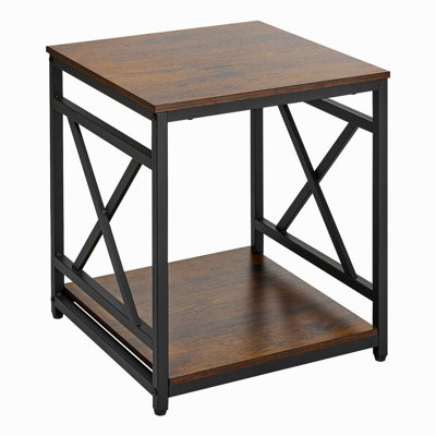 Table de bout, table d'appoint carrée à 2 niveaux avec tablettes de rangement ouvertes, table de chevet moderne avec structure en X en métal, canapé-lit en bois pour salon, chambre à coucher, bureau, dortoir, brun