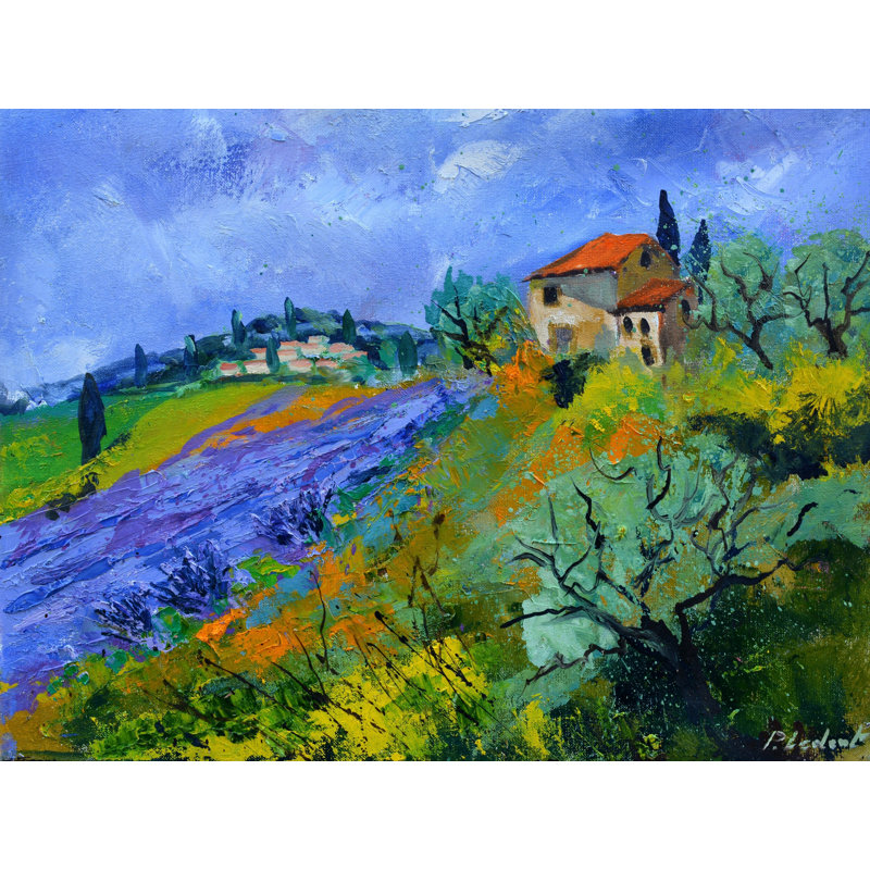 Lavande et toit rouge par Pol Ledent - Peinture, H 24 po x l 32 po, Toile tendue