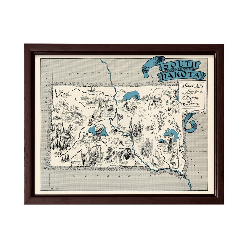 Carte illustrée de South Dakota, H 18 po x l 24 po, Canevas, Encadrement brun