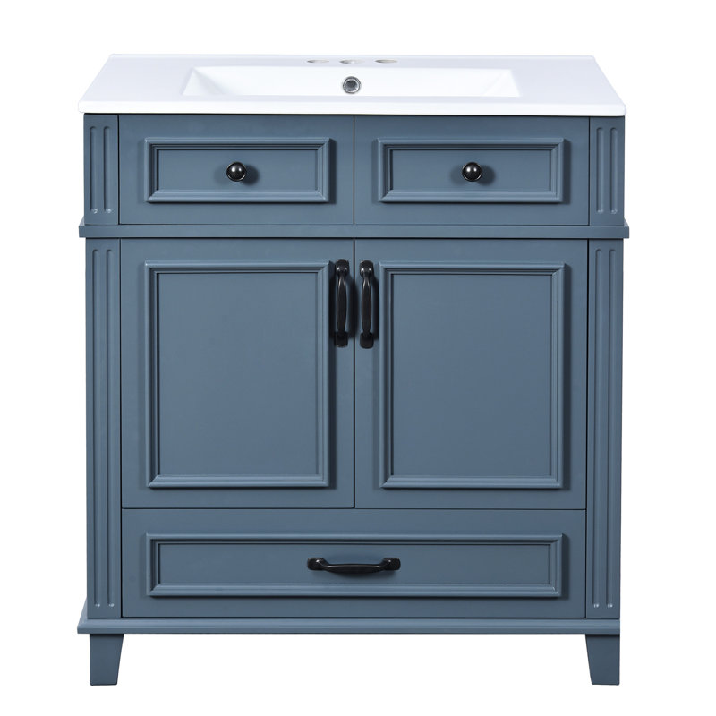 Meuble-lavabo de salle de bain rétro 30 po avec structure en bois massif, lavabo en céramique, planches, mécanisme de fermeture en douceur, beaucoup de rangement, quincaillerie exquise, meuble-lavabo à glissière à tiroir lisse, conception, lavabo brillant, portes,