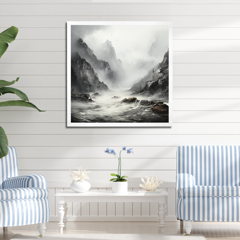 Rivière mystique en noir et blanc, H 16 po x l 16 po x P 1 po, Cadre simple blanc