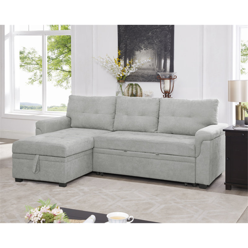 Fanechka Modern Velvet L-Shaped Sectional Sleeper Sofa Bed – Reversible Pull Out Couch with Storage, Gray Velvet