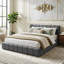 Multi-Sizes EU & UK Upholstered Bed, Modern Cloud Low-Height Bed Frame with Padded Flange Edge & Embedded Design, Beige/Grey Linen-423385466-426914020
