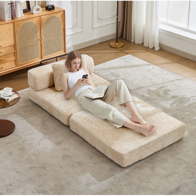 Canapé à compression, canapé-lit convertible au sol avec structure de forme fixe, canapé modulaire à une place sans os, sans assemblage, tissu chenille, pour la chambre à coucher, beige