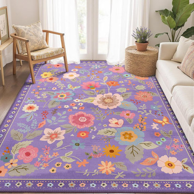 Motif floral 5 x 7 tapis lavable imprimé boho tapis mignon antidérapant fleur bas pour salon chambre cuisine bureau ferme - mauve / rose / multicolore