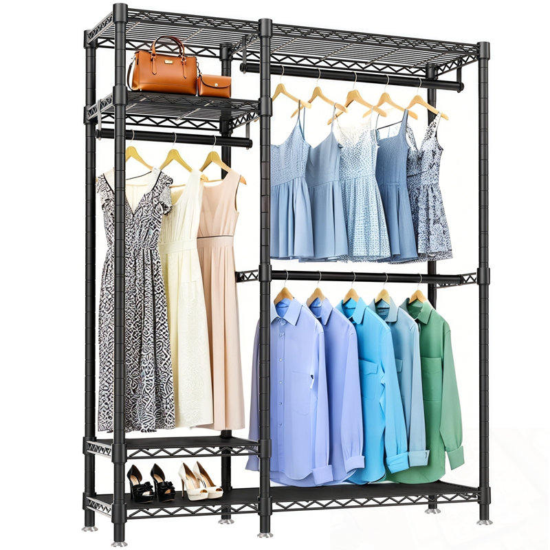 Organisateur de garde-robe autoportant avec 6 tablettes réglables en fil métallique et 3 portemanteaux