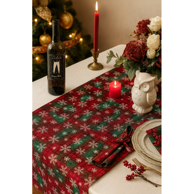 Holiday Tartan Plaid Snowflake Multicolor Christmas Table Runner 13" W X 73" L