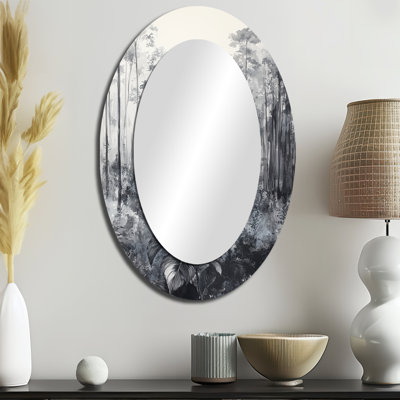 Hortensia en forêt monochrome - Miroir décoratif floral ovale sur métal