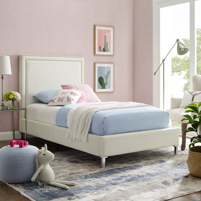 Lit plateforme tapissier Crampton, Cuir, Blanc, Lit double