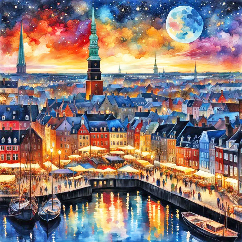 «Starlit Nyhavn Nightscape», art mural sur toile, H 30 po x l 30 po x P 1,5 po