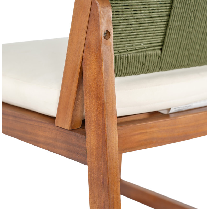 Tabourets de bar d'extérieur en bois d'acacia (ensemble de 2), chaises de bar à hauteur teck avec coussin crème et dossier en osier vert, tabourets à hauteur de comptoir pour patio, bord de piscine, îlot de cuisine