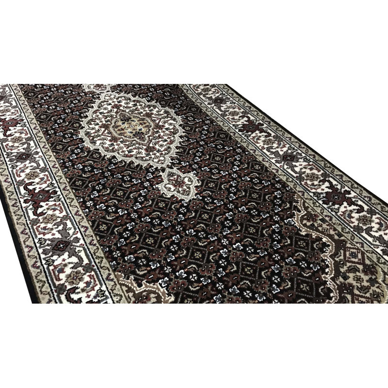 Chemin de table noir et crème noué à la main de haute qualité, Tapis de couloir 2 pi 7 po x 6 pi