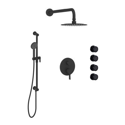 Ensemble de douche Velmara-Bk avec douche à main sur rail avec coude de connecteur intégré, pomme de douche à pluie et 4 jets de corps