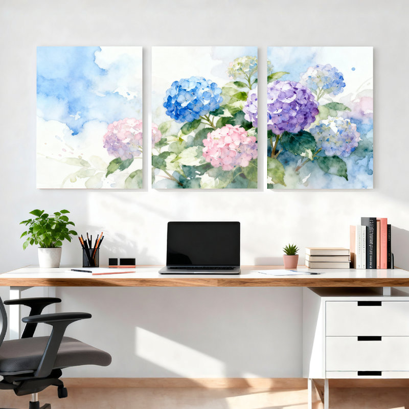 «Hydrangea», reproduction d'art sur toile tendue sur toile, triptyque, H 18 po x l 36 po