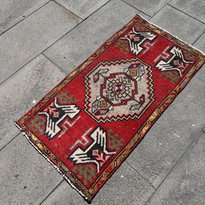 Vintage Turkish Oushak Rug in Red - Small Oriental Kitchen Rug with Antique Design